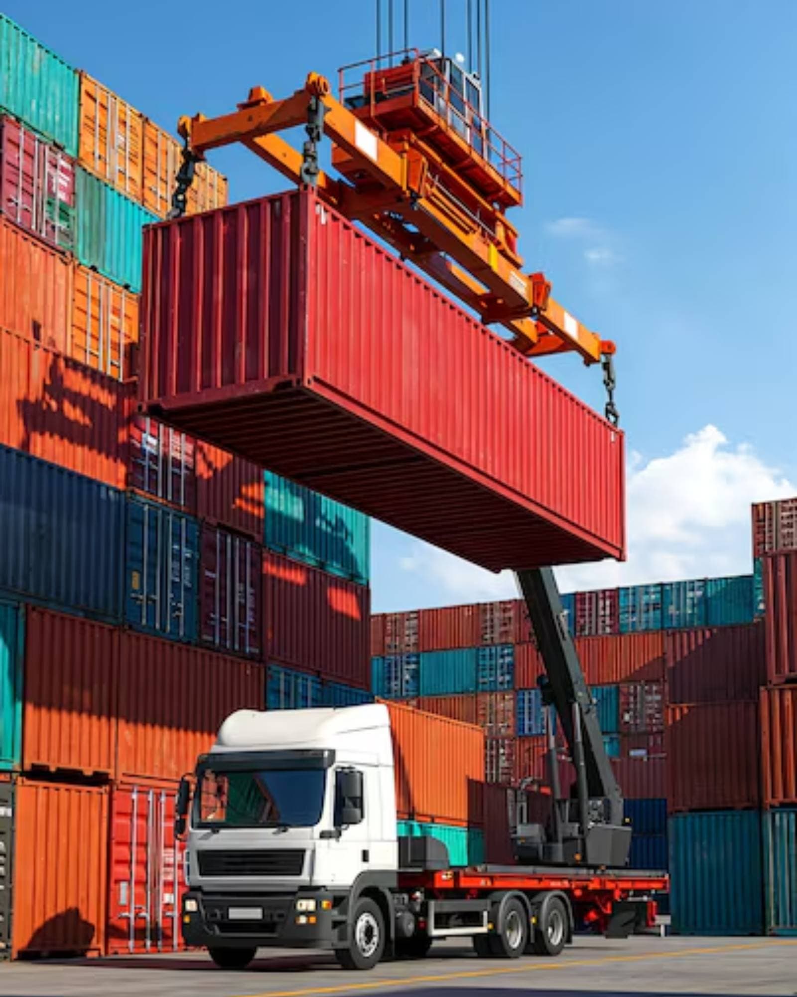 Container being lifted at a logistics terminal, with a truck positioned for cargo movement